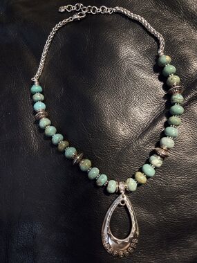 Natural Turquoise Heishi Bead Necklace with Silver Teardrop Pendant